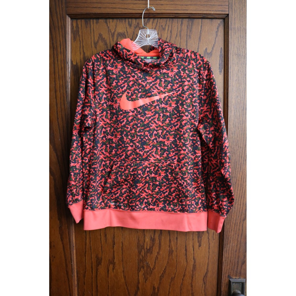 NIKE Sweater Boys XL ThermaFIT Camo Pullover Hoodie Orange Red Camo Activewear